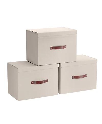 Ornavo Home Pack Foldable Linen Storage Bin with Faux Leather Handles and Lid