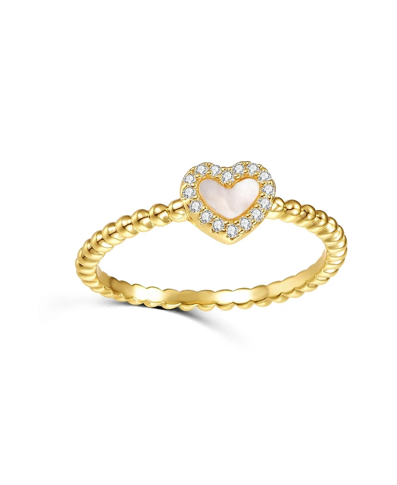 GiGiGirl 14k Yellow Gold Plated with Mother of Pearl & Cubic Zirconia Beaded Band Promise Stacking Ring