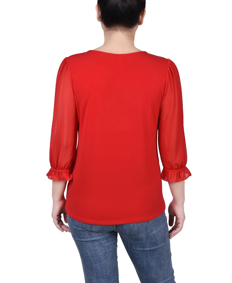 Ny Collection Petite 3/4 Sleeve Ringed Mesh Top