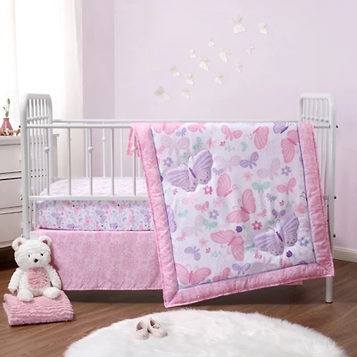 The Peanutshell Pink and Purple Butterfly Song Crib Bedding Set for Baby Girls, 3 Piece Nursery Set