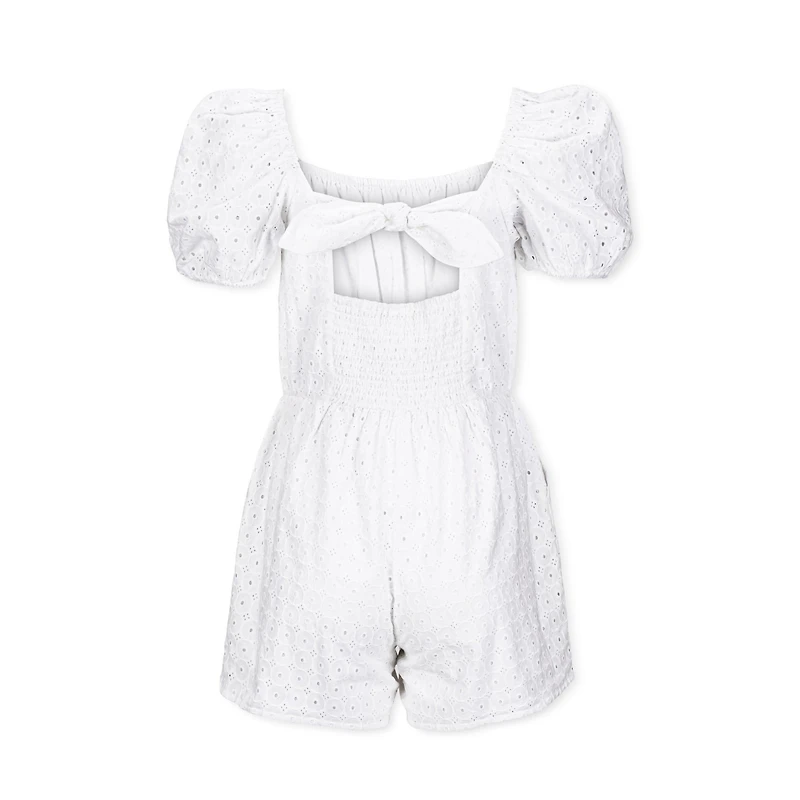 Hope & Henry Women's Organic Cotton Puff Sleeve Eyelet Romper