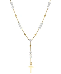 Cultured Freshwater Pearl (4 - 4 1/2mm) Cross 18" Lariat Necklace in 14k Gold-Plated Sterling Silver