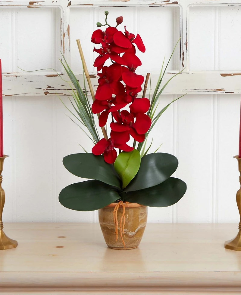 Nearly Natural Phalaenopsis Orchid Harvest Silk Arrangement in Ceramic Arrangement