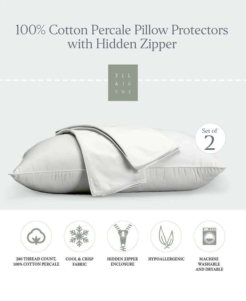 Ella Jayne 100% Cotton Percale Hidden Zipper 2-Pack Pillow Protectors