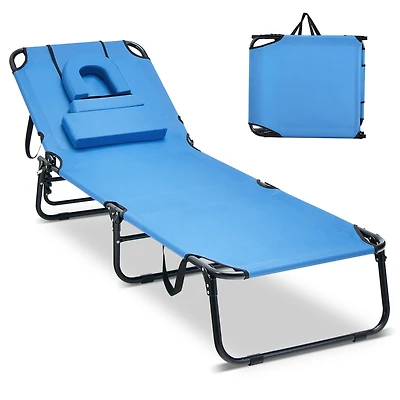 Beach Chaise Lounge Chair with Face Hole Pillows & 5-Position Adjustable Backrest