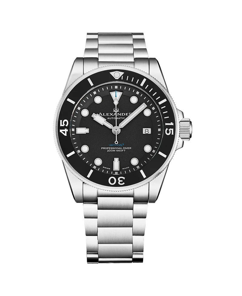 Alexander Vathos3 Men's Swiss Made Diver Watch 43mm Silver Tone Stainless Steel Case Black Dial Rotating Bezel Sapphire Crystal 200M Water Resistant
