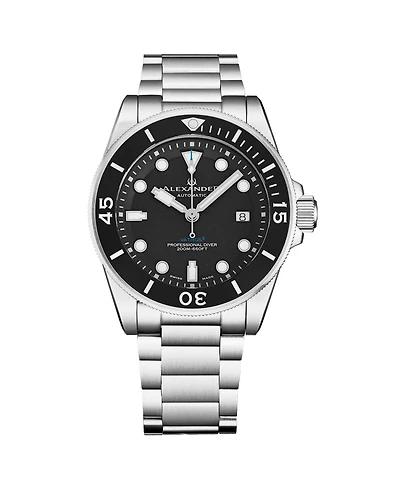 Alexander Vathos3 Men's Swiss Made Diver Watch 43mm Silver Tone Stainless Steel Case Black Dial Rotating Bezel Sapphire Crystal 200M Water Resistant