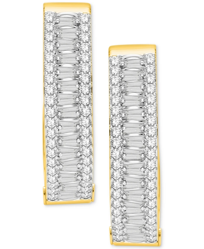 Diamond Round & Baguette Small Hoop Earrings (1/2 ct. t.w.) in Sterling Silver & 14k Gold-Plate