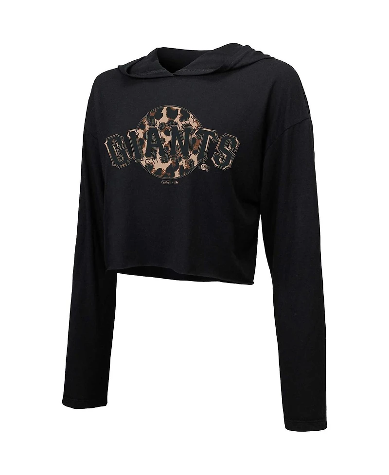 Women's Majestic Threads Black San Francisco Giants Leopard Cropped Hoodie