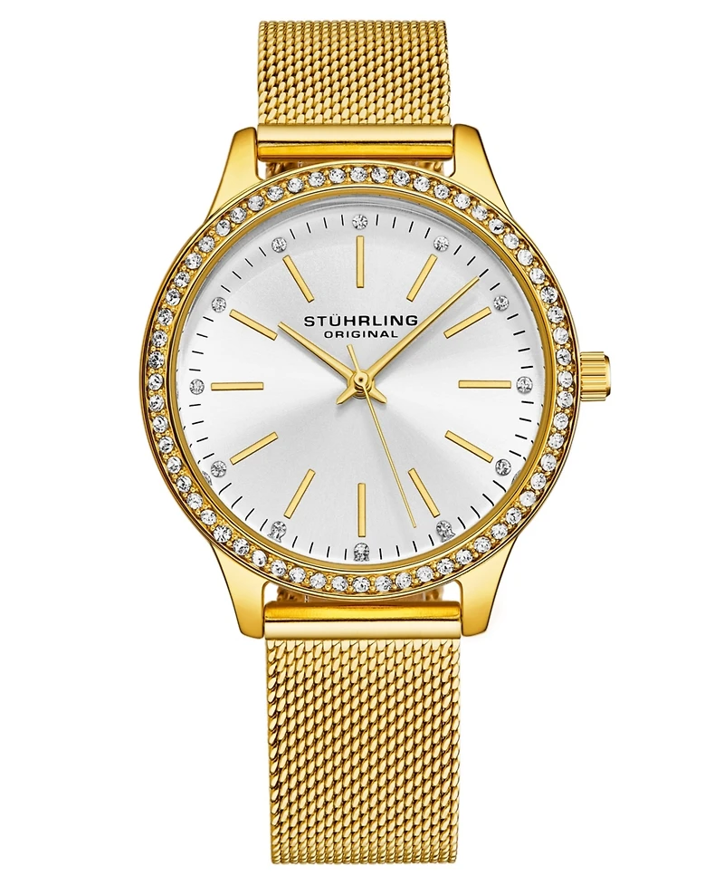 Stuhrling Women's Quartz Crystal Studded Gold Case and Gold Mesh Bracelet, Silver Dial, Gold Hands and Markers Watch