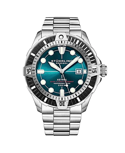 Stuhrling Men s Astral Diver 44mm Swiss Automatic Watch, Teal Dial, Stainless Steel Bracelet, Rotating Bezel, 200M Water Resistant