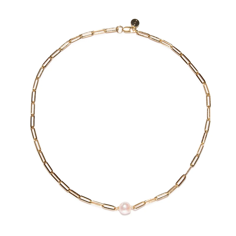 18K Gold Plated Paper Clip Chain with Extra Large Freshwater Pearls - Rhode Necklace 17" For Women