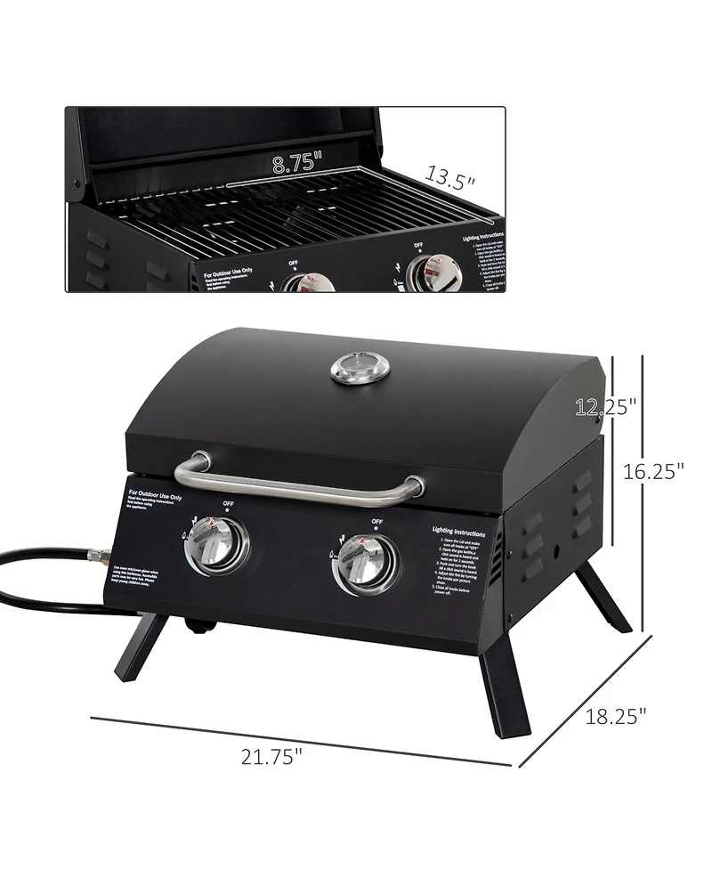 Outsunny Tabletop Propane Gas Grill Bbq w/ 2 Burners Lid Thermometer