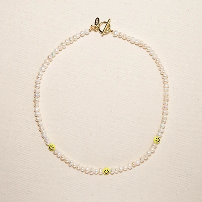 Joey Baby 18K Gold Plated Freshwater Pearls with Smilie Face - HaHa Necklace 17" For Women