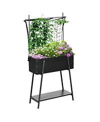 Outsunny Raised Garden Bed with Climbing Grid Trellis & Storage Shelf, Elevated Planter Box for Vegetable Vines, Climbing Plants, Black