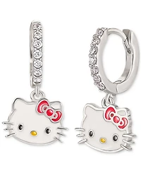 Cubic Zirconia & Enamel Hello Kitty Dangle Hoop Drop Earrings in Sterling Silver