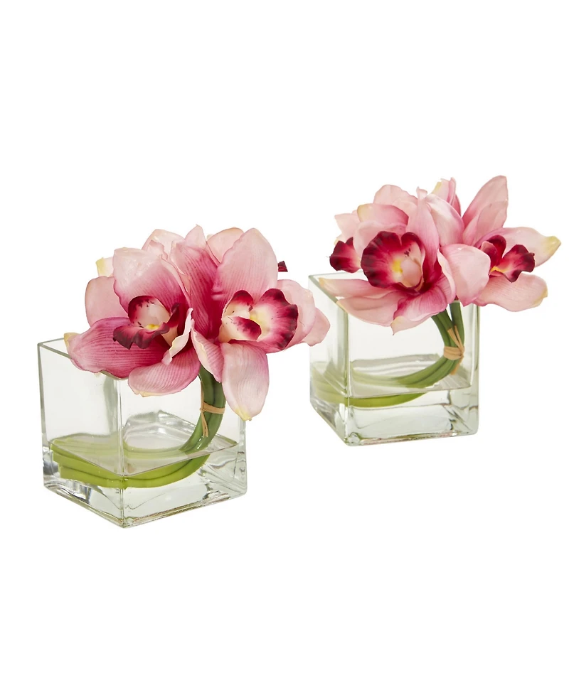 Nearly Natural Cymbidium Orchid Artificial Arrangement in Glass Vase (Set of 2)