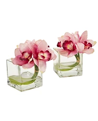 Nearly Natural Cymbidium Orchid Artificial Arrangement in Glass Vase (Set of 2)