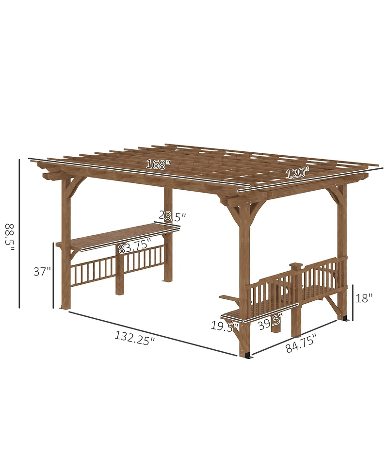 Outsunny 14' x 10' Outdoor Pergola, Wooden Grill Gazebo with Bar Counters and Seating Benches, for Garden, Patio, Backyard, Deck