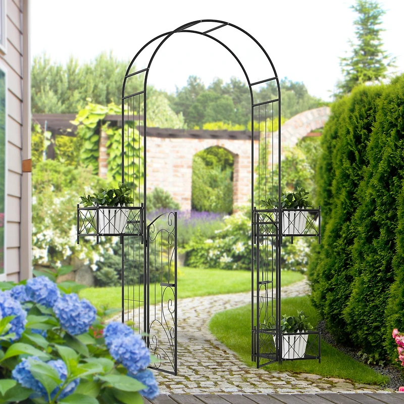 Outsunny Garden Gate Arbor Wedding Arch with Heart Doors Planters,
