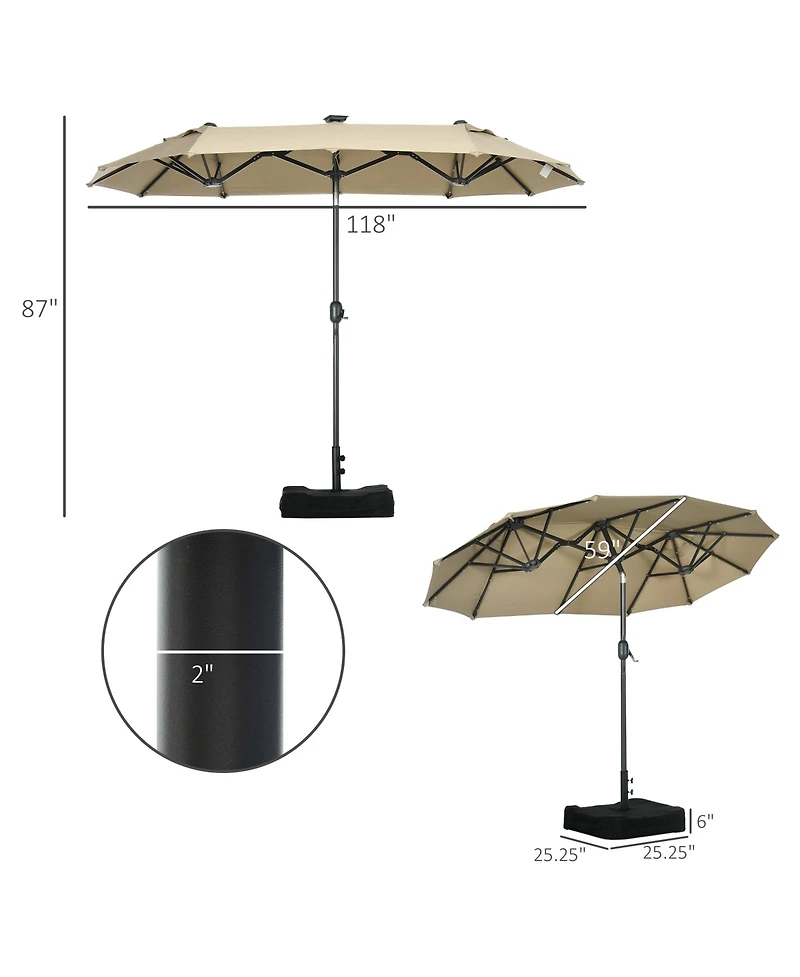 Outsunny 10' Double-Sided Patio Umbrella with Solar Lights and Sandbag Base, Outdoor Table Umbrella with Push Button Tilt, Crank, 2 Vent for Garden, D