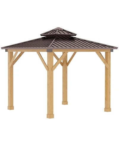Outsunny 10x10 Wooden Hardtop Gazebo with Metal Roof Canopy and Ceiling Hook