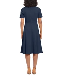 London Times Women's Puff-Sleeve Tab-Detail Fit & Flare Dress