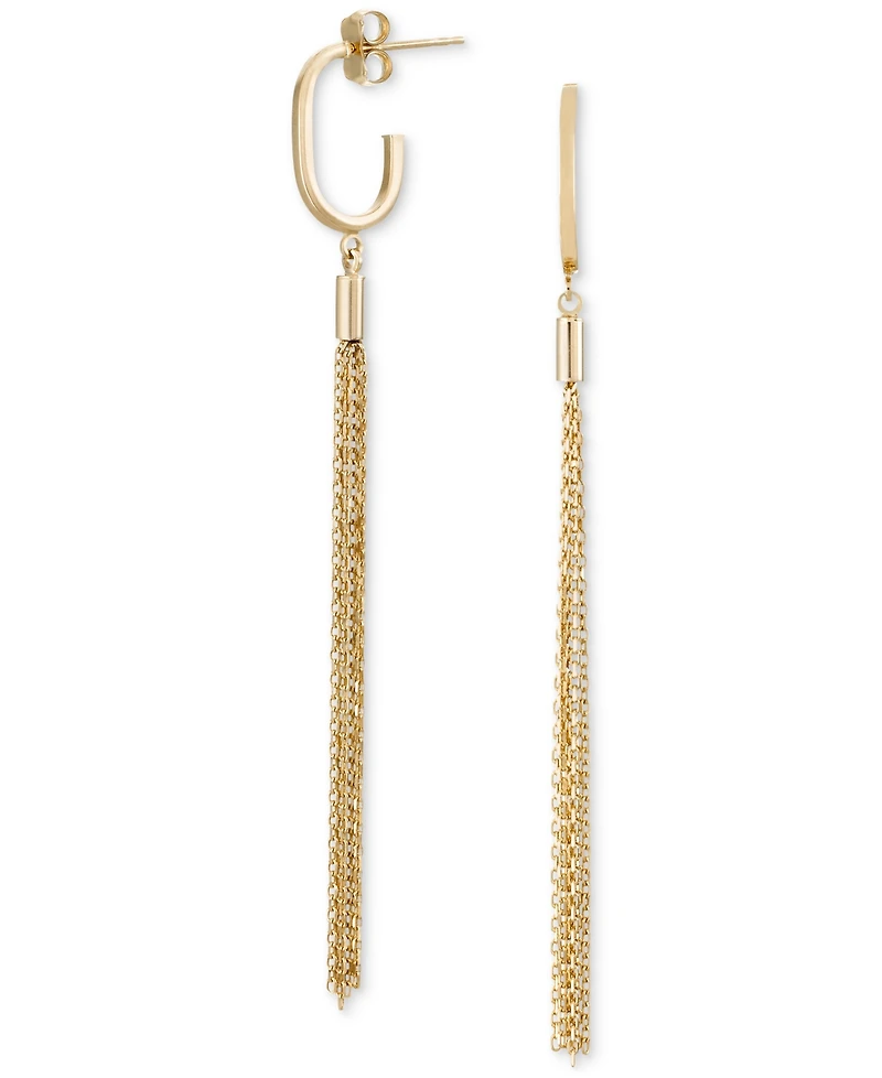 Long Tassel J-Hoop Drop Earrings in 10k Gold