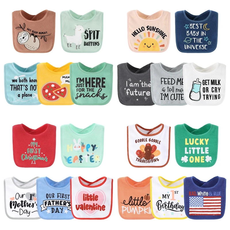 The Peanutshell Baby Girls Unisex Terry Bibs, 20 Pack for Feeding, Teething, or Drooling, Hello Sunshine/Holiday