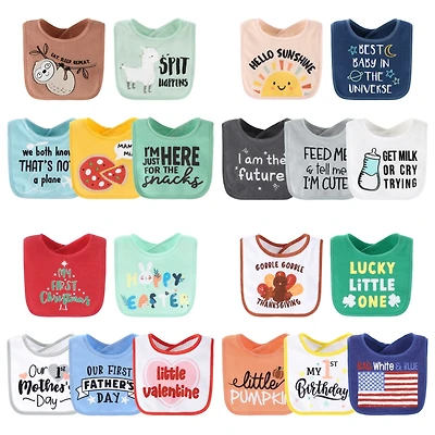 The Peanutshell Baby Girls Unisex Terry Bibs, 20 Pack for Feeding, Teething, or Drooling, Hello Sunshine/Holiday
