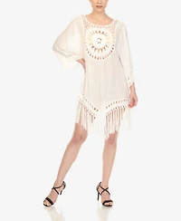 White Mark Women's Crocheted Fringed Trim 3/4 Sleeves Cover Up Dress