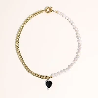 Joey Baby 18K Gold Plated Chain, Freshwater Pearls with Black Heart Charm - Kuro Necklace 17" For Women