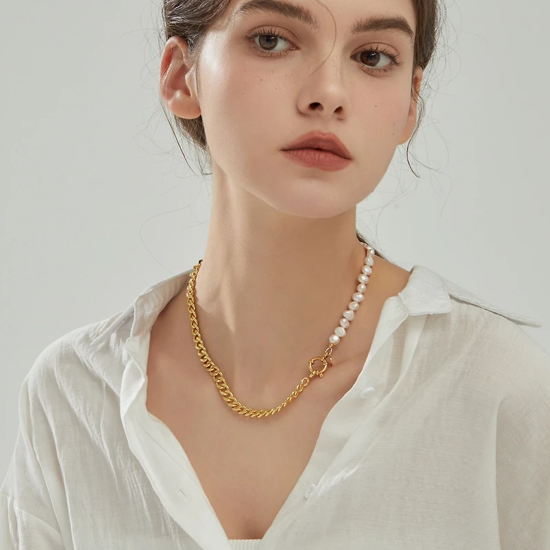 18K Gold Plated Freshwater Pearl with Cuban Chain - Lauren Necklace 17" For Women