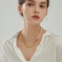 18K Gold Plated Freshwater Pearl with Cuban Chain - Lauren Necklace 17" For Women