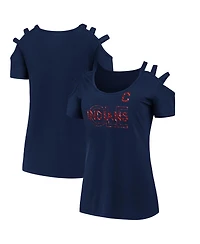 Women's Fanatics Navy Cleveland Guardians Three Strap Open Shoulder T-shirt