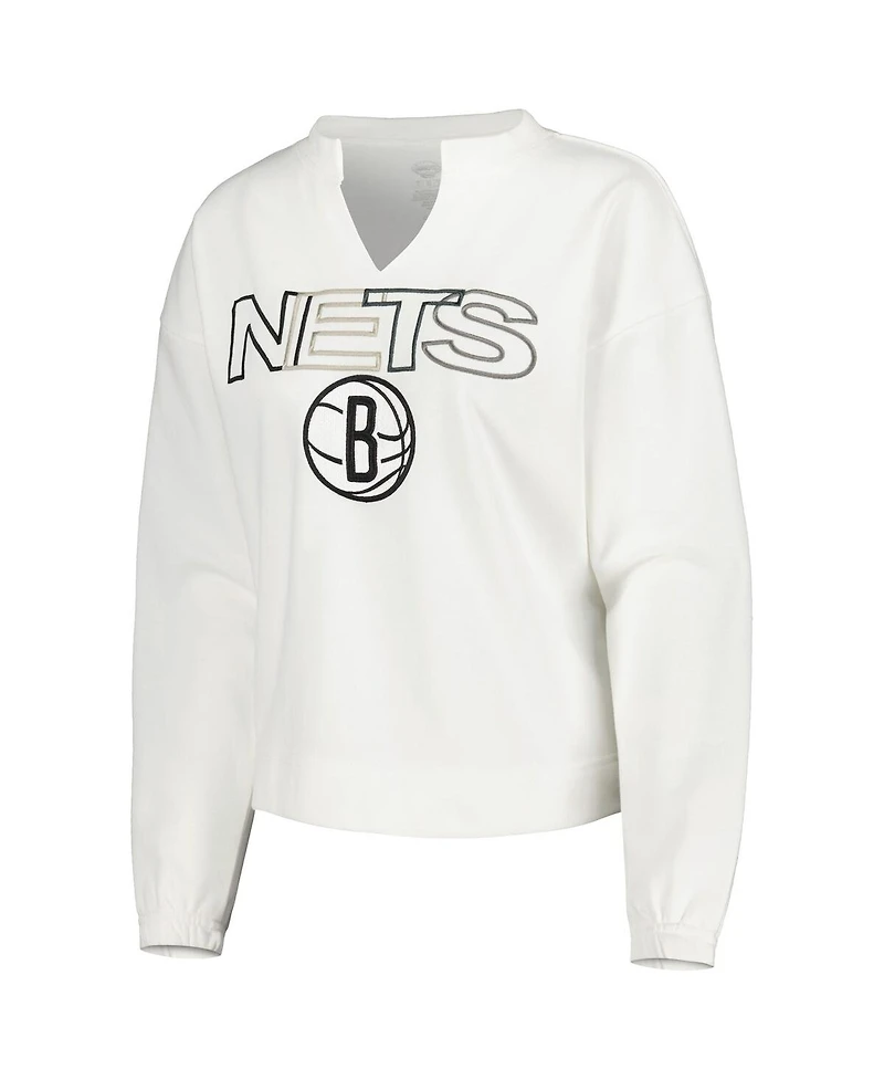 Women's Concepts Sport White Brooklyn Nets Sunray Notch Neck Long Sleeve T-shirt