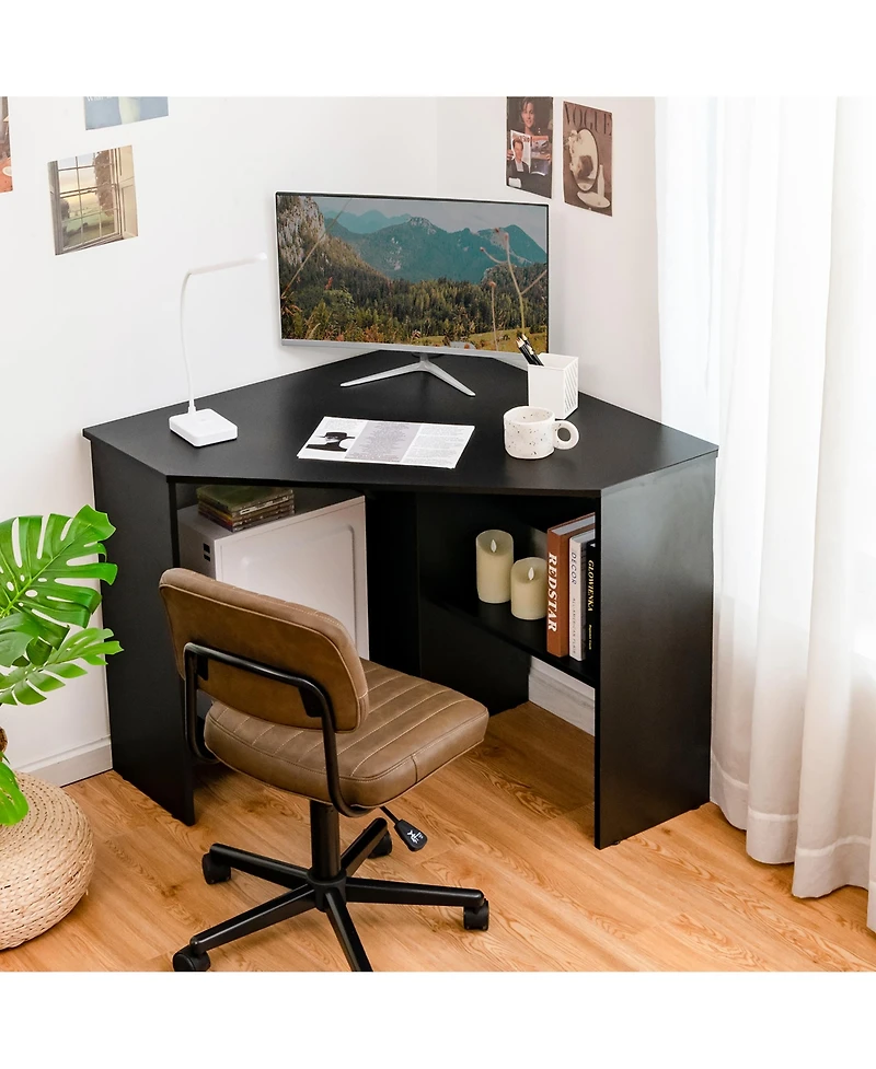 Costway Corner Computer Desk Triangle Writing Workstation w/ Storage Shelf