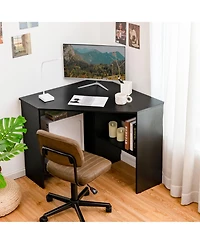 Costway Corner Computer Desk Triangle Writing Workstation w/ Storage Shelf