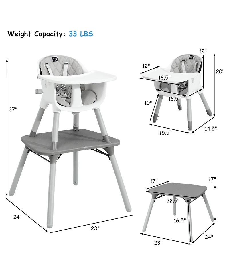 Costway Toddler 4 in 1 High Chair Convertible Table Chair Set with Pu Cushion
