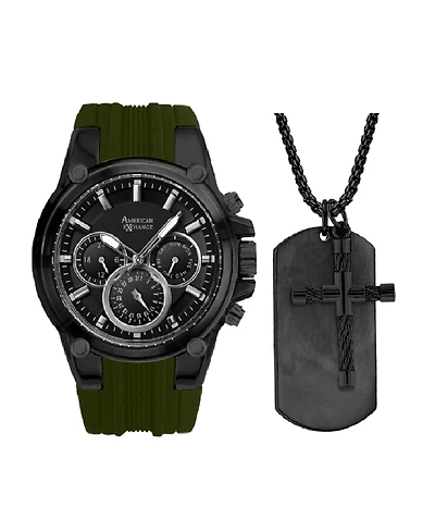 American Exchange Men's Analog, Three-Hand Quartz Olive Silicone Strap 45mm Gift Set