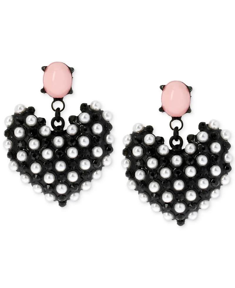 Betsey Johnson Black-Tone Imitation Pearl Heart Earrings