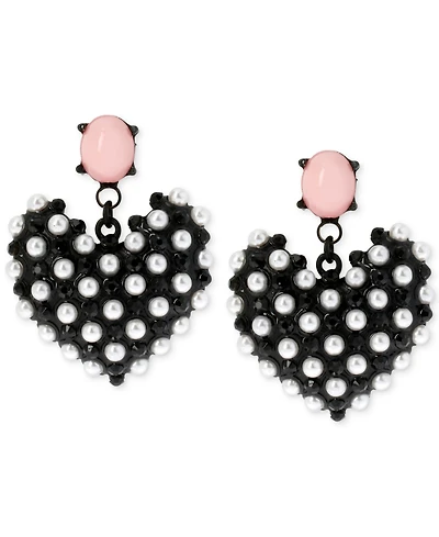Betsey Johnson Black-Tone Imitation Pearl Heart Earrings