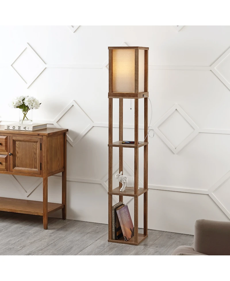 Etagere 63.5" Rustic Bohemian Wooden Led 3-Shelf Floor Lamp with Pull-Chain, Usb Charging Port and Smart Bulb