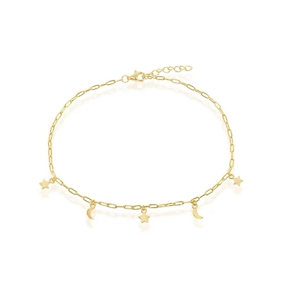 Simona Sterling Silver Moon & Star Charms Paperclip Anklet - Gold Plated