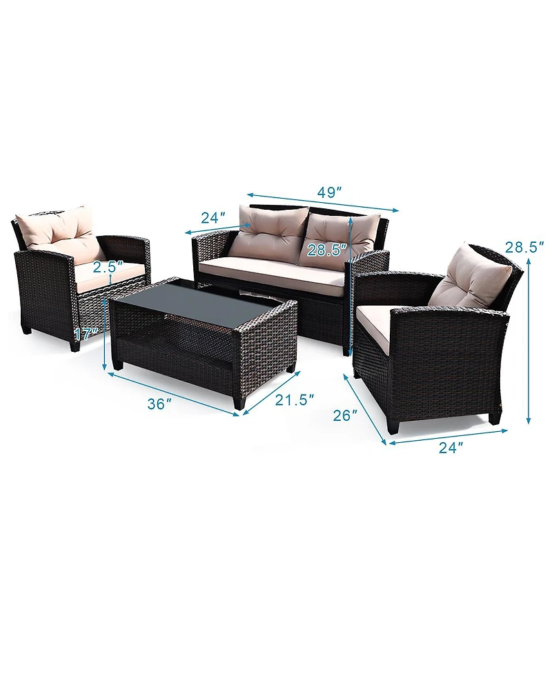 4PCS Outdoor Rattan Furniture Set Cushioned Sofa Armrest Table