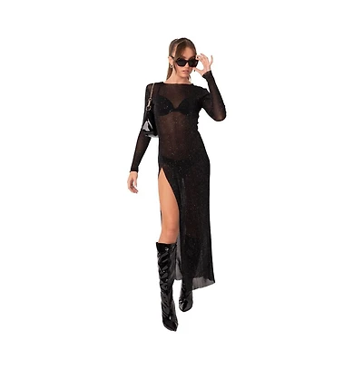 Edikted Women's Shiny Mesh Maxi Slit Dress