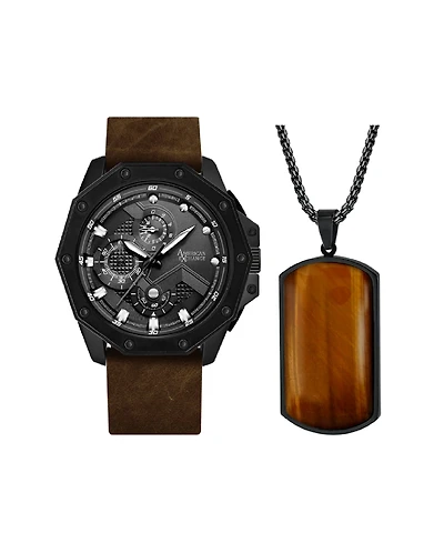 American Exchange Men's Analog, Three-Hand Quartz Matte Brown Leather Strap Watch 48mm Gift Set