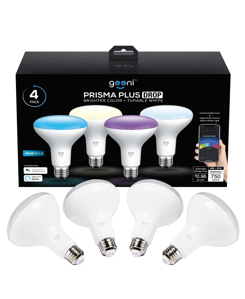 Geeni Prisma Drop Wi-Fi BR30 Led Smart Light Bulb, Tunable and Dimmable Rgb WiFi Bulb, No Hub Required, Compatible with Alexa and Google Assistant (4