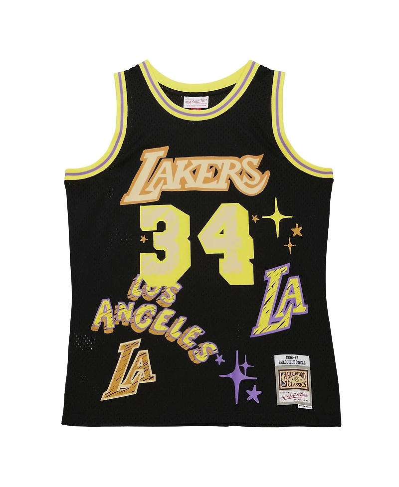 Men's Mitchell & Ness Shaquille O'Neal Black Los Angeles Lakers Swingman Sidewalk Sketch Jersey