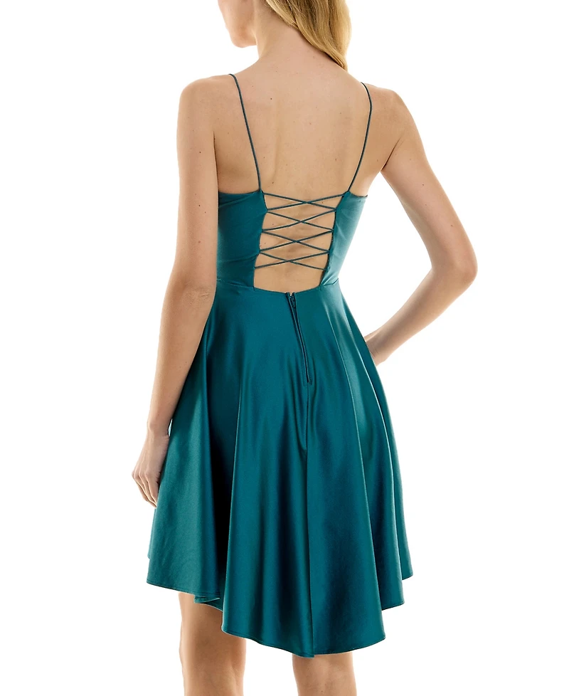 City Studios Juniors' Plunge-Neck Lace-Up Skater Dress